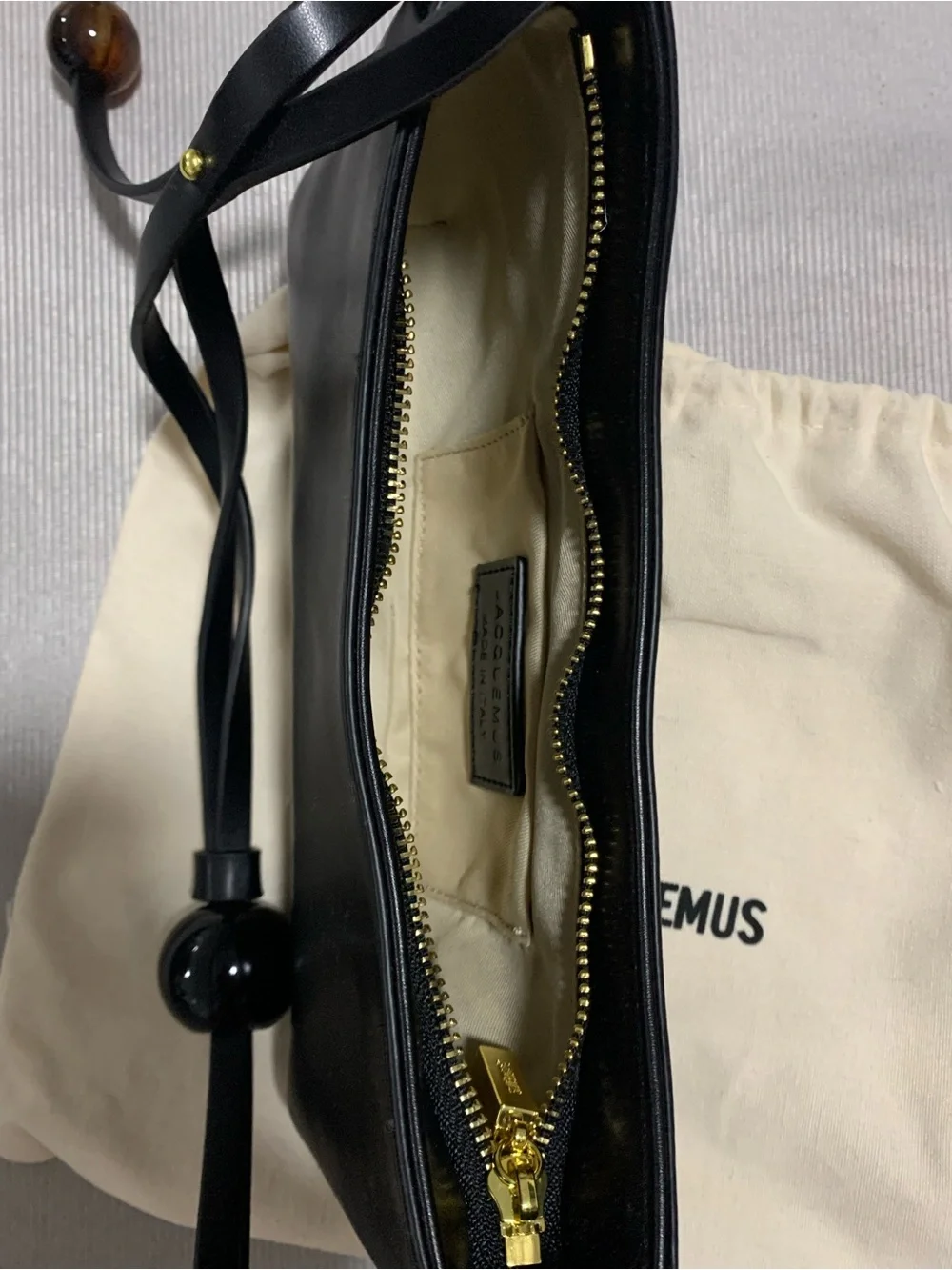 Jacquemus Black Leather Shoulder Bag with Gold Logo Bead Strap